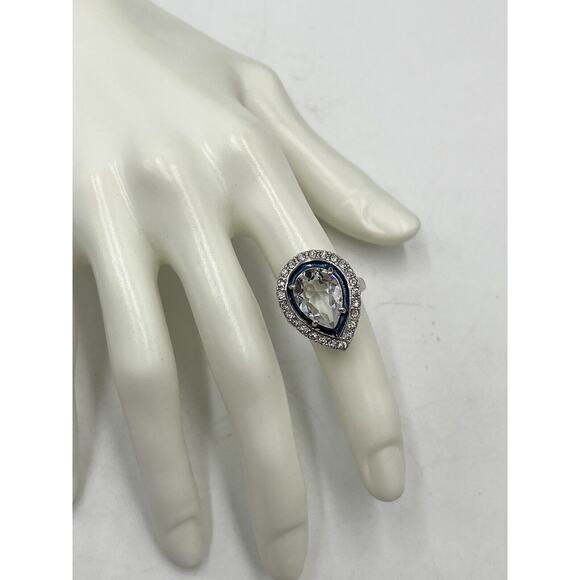 Kenneth Jay Lane Pear Shaped Cubic Zirconia Blue Enamel Cocktail Ring Sz 6 - Picture 3 of 12